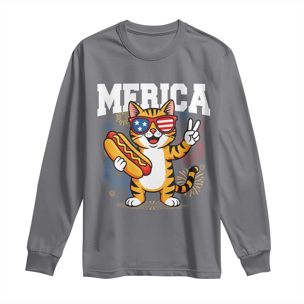 Merica Cat Long Sleeve Shirt Funny 4th of July Hot Dog and Fireworks Patriotic USA Flag - Wonder Print Shop