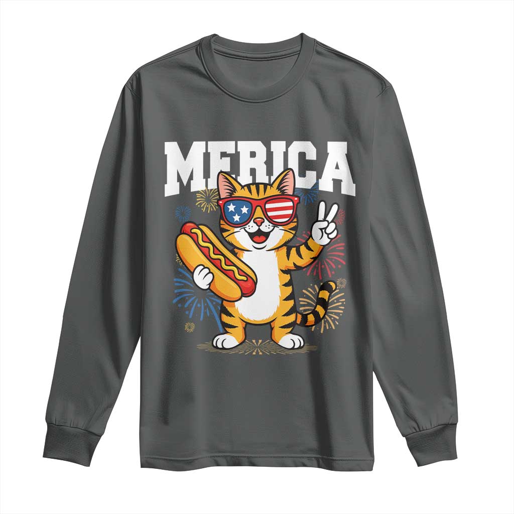 Merica Cat Long Sleeve Shirt Funny 4th of July Hot Dog and Fireworks Patriotic USA Flag - Wonder Print Shop