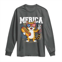 Merica Cat Long Sleeve Shirt Funny 4th of July Hot Dog and Fireworks Patriotic USA Flag - Wonder Print Shop