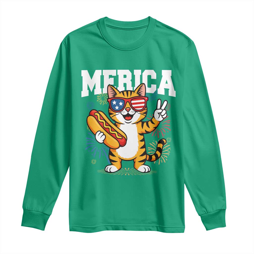 Merica Cat Long Sleeve Shirt Funny 4th of July Hot Dog and Fireworks Patriotic USA Flag - Wonder Print Shop