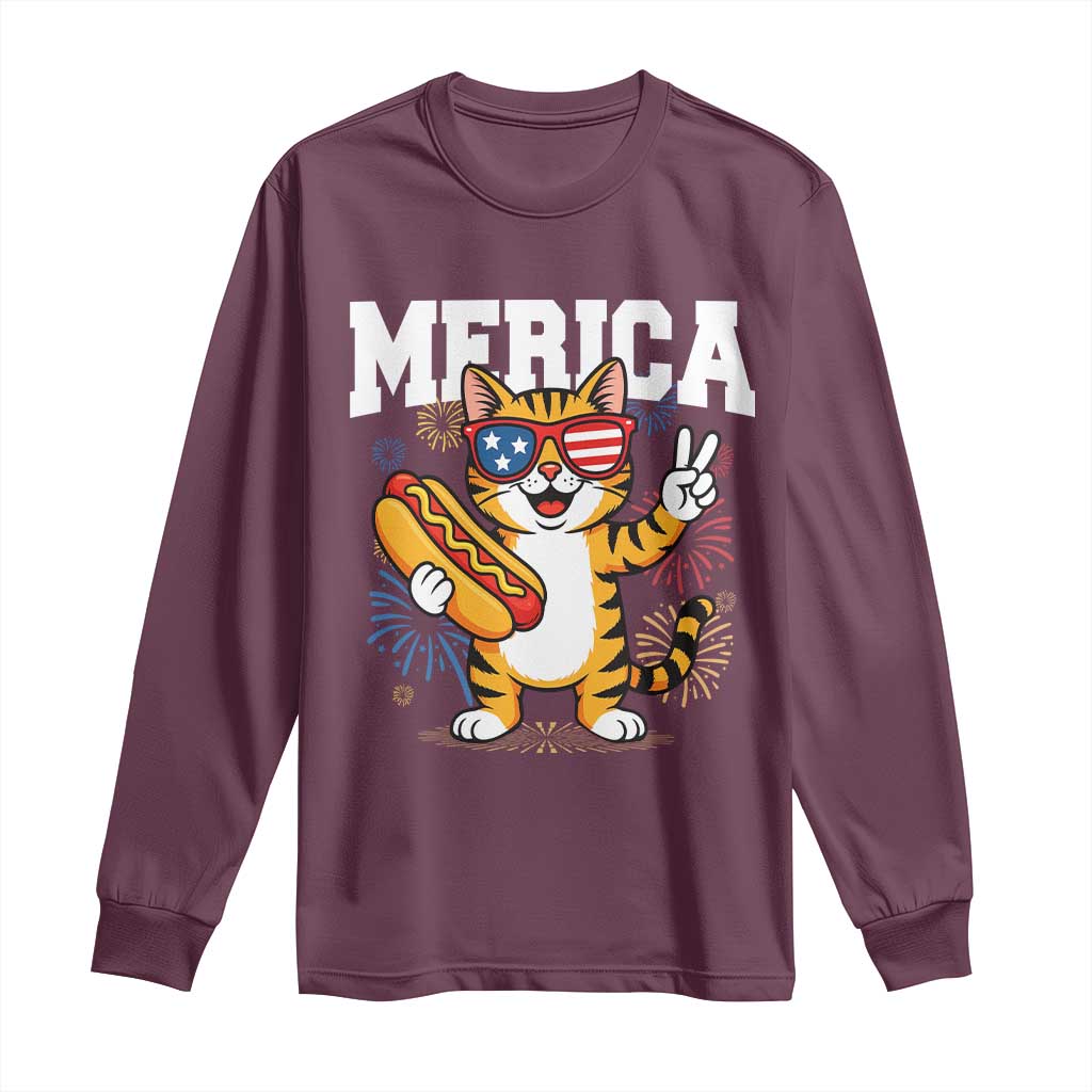 Merica Cat Long Sleeve Shirt Funny 4th of July Hot Dog and Fireworks Patriotic USA Flag - Wonder Print Shop