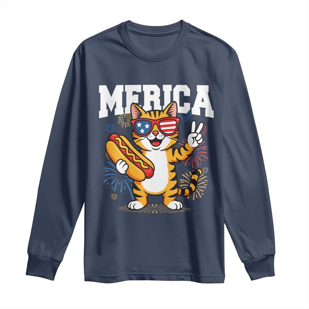 Merica Cat Long Sleeve Shirt Funny 4th of July Hot Dog and Fireworks Patriotic USA Flag - Wonder Print Shop