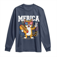 Merica Cat Long Sleeve Shirt Funny 4th of July Hot Dog and Fireworks Patriotic USA Flag - Wonder Print Shop