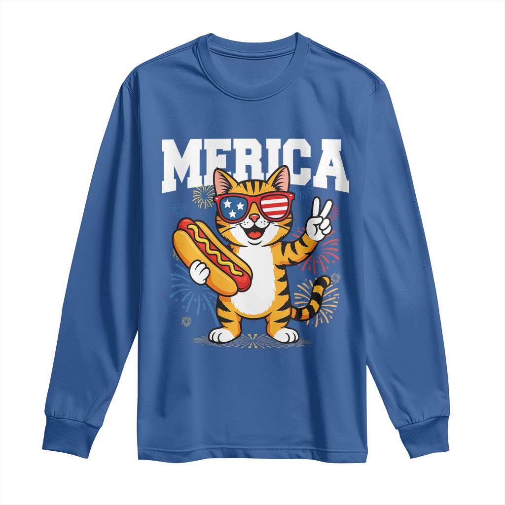 Merica Cat Long Sleeve Shirt Funny 4th of July Hot Dog and Fireworks Patriotic USA Flag - Wonder Print Shop