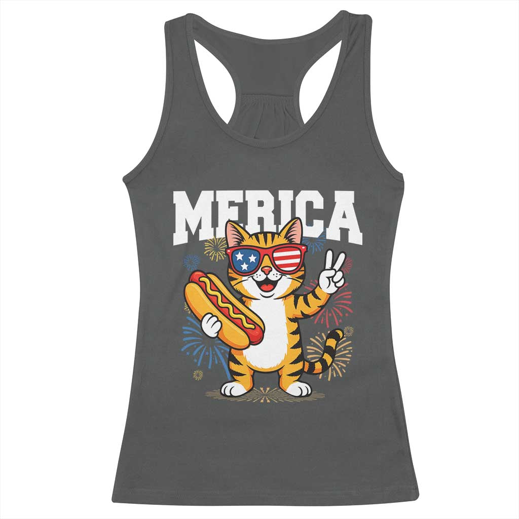 Merica Cat Racerback Tank Top Funny 4th of July Hot Dog and Fireworks Patriotic USA Flag - Wonder Print Shop