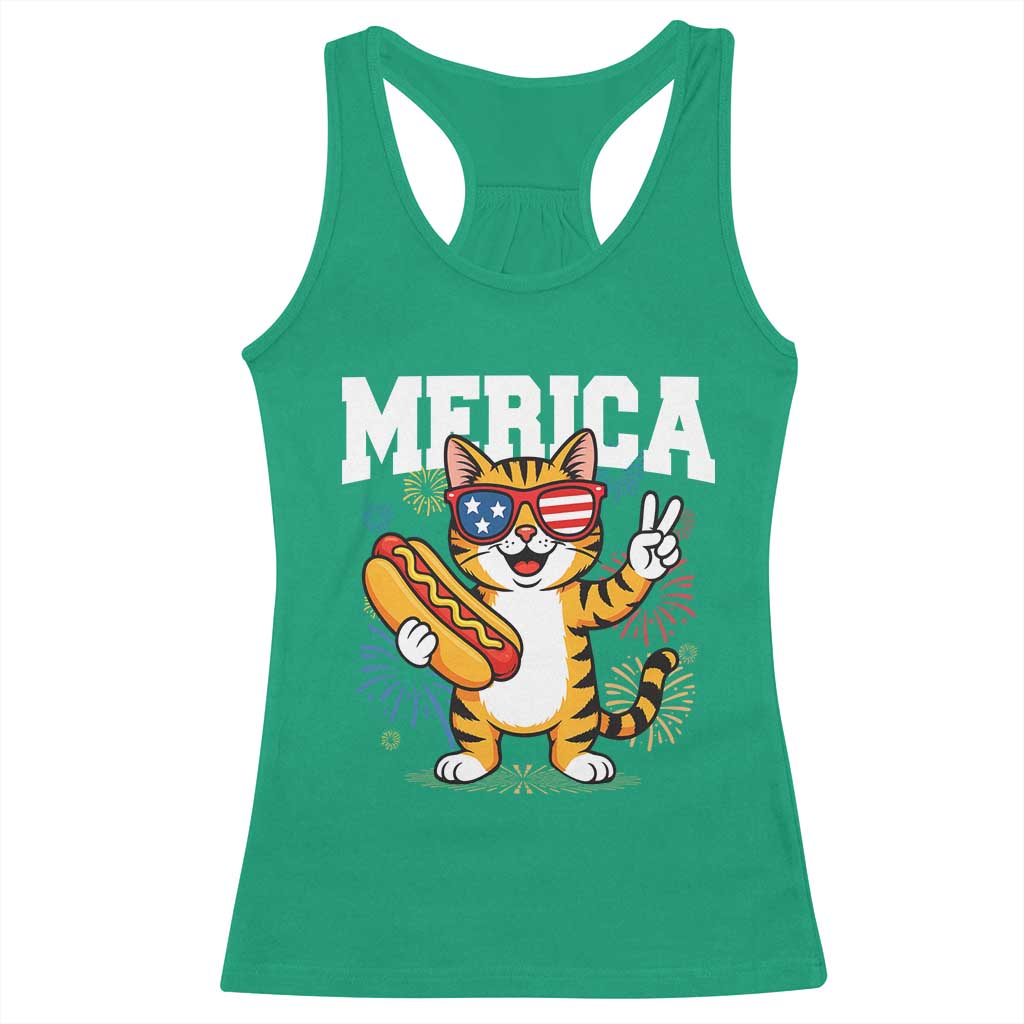 Merica Cat Racerback Tank Top Funny 4th of July Hot Dog and Fireworks Patriotic USA Flag - Wonder Print Shop