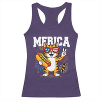 Merica Cat Racerback Tank Top Funny 4th of July Hot Dog and Fireworks Patriotic USA Flag - Wonder Print Shop