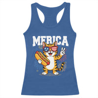 Merica Cat Racerback Tank Top Funny 4th of July Hot Dog and Fireworks Patriotic USA Flag - Wonder Print Shop