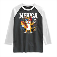 Merica Cat Raglan Shirt Funny 4th of July Hot Dog and Fireworks Patriotic USA Flag - Wonder Print Shop