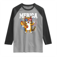 Merica Cat Raglan Shirt Funny 4th of July Hot Dog and Fireworks Patriotic USA Flag - Wonder Print Shop