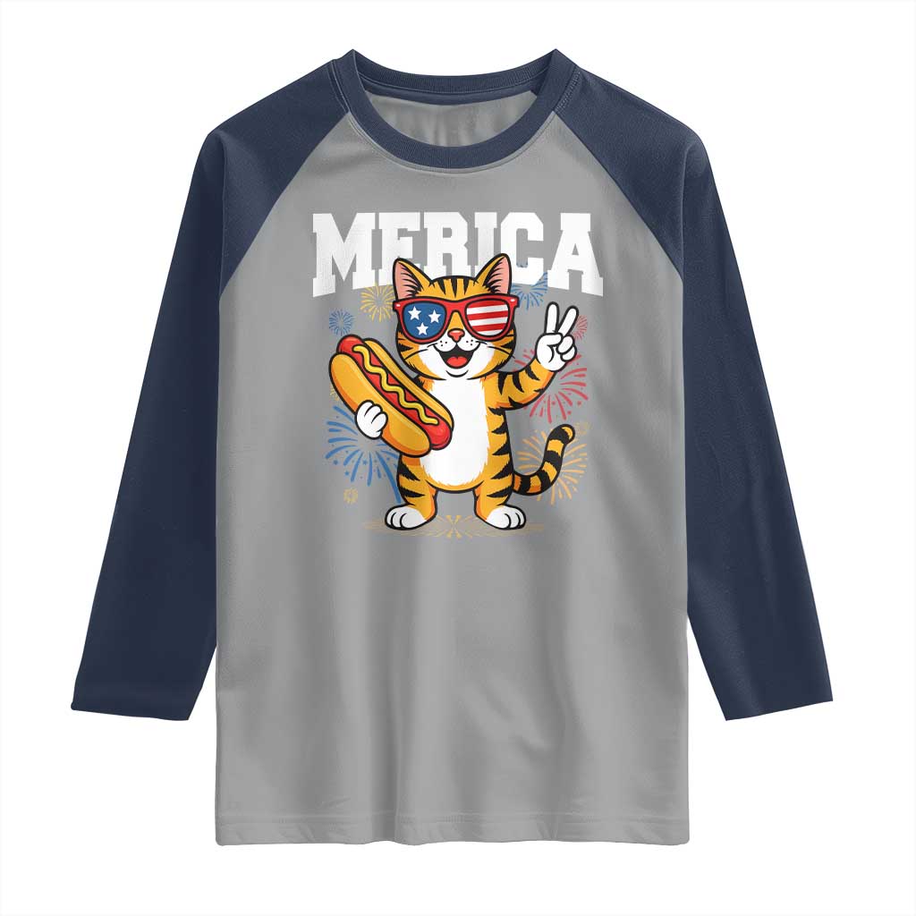 Merica Cat Raglan Shirt Funny 4th of July Hot Dog and Fireworks Patriotic USA Flag - Wonder Print Shop