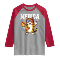 Merica Cat Raglan Shirt Funny 4th of July Hot Dog and Fireworks Patriotic USA Flag - Wonder Print Shop