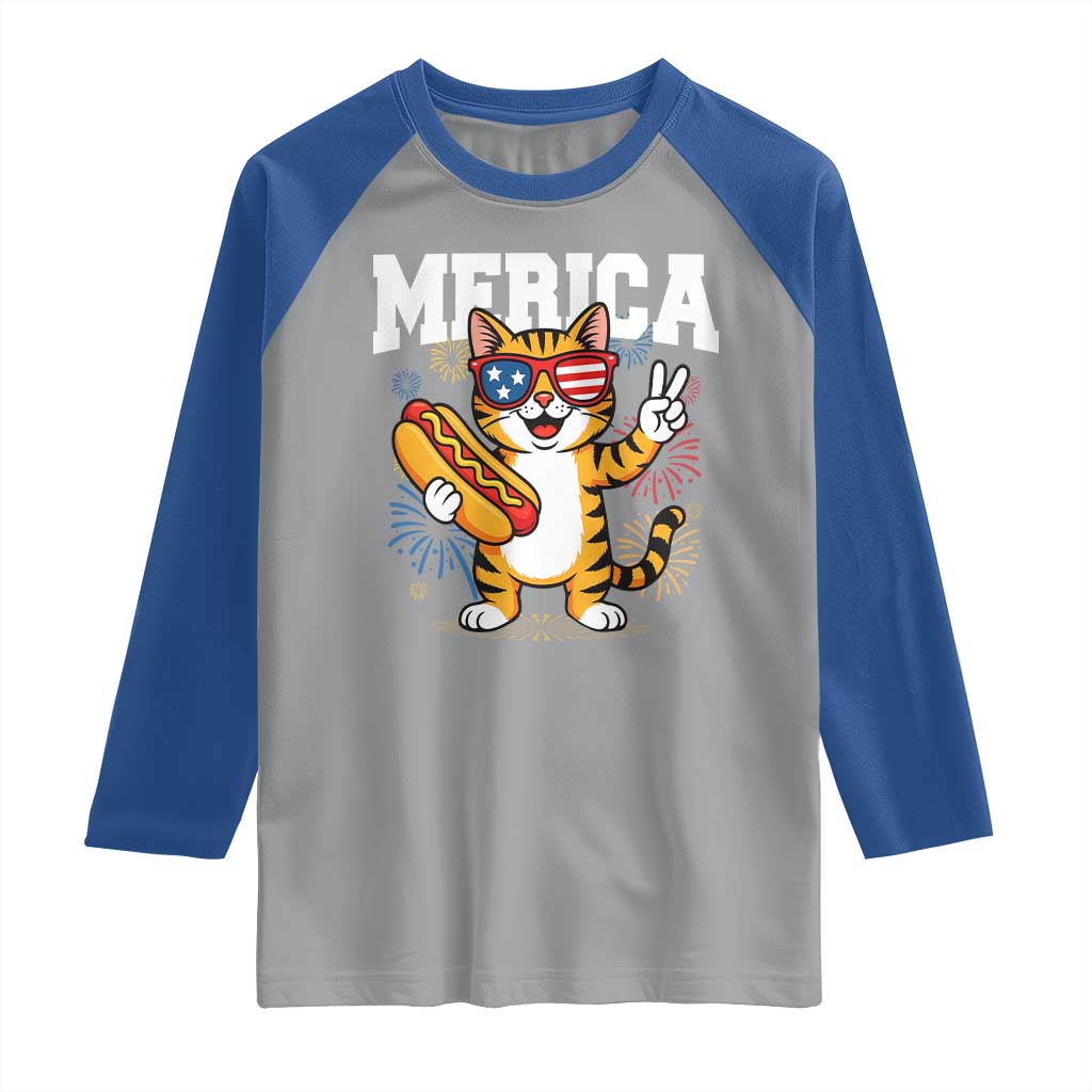 Merica Cat Raglan Shirt Funny 4th of July Hot Dog and Fireworks Patriotic USA Flag - Wonder Print Shop