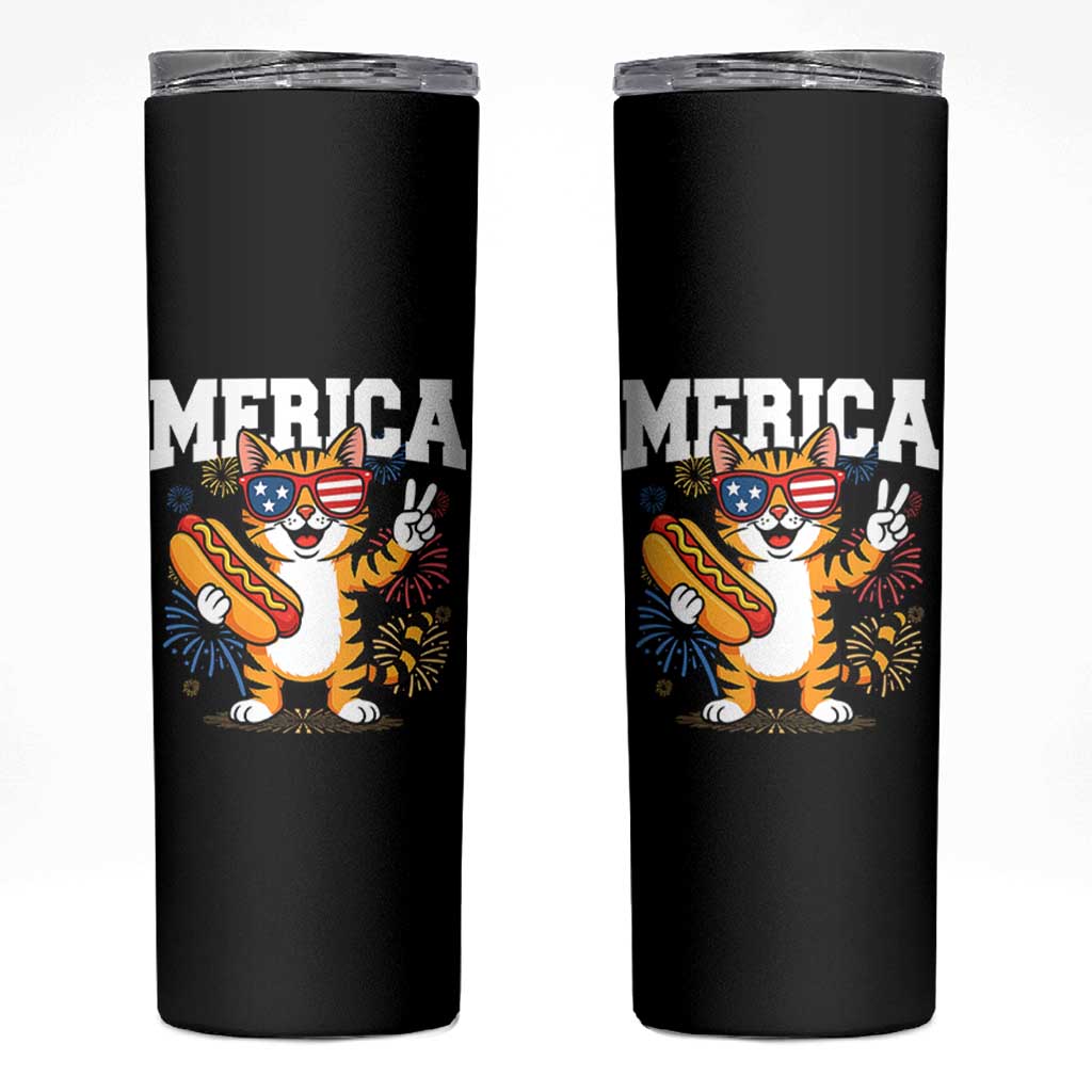 Merica Cat Skinny Tumbler Funny 4th of July Hot Dog and Fireworks Patriotic USA Flag - Wonder Print Shop