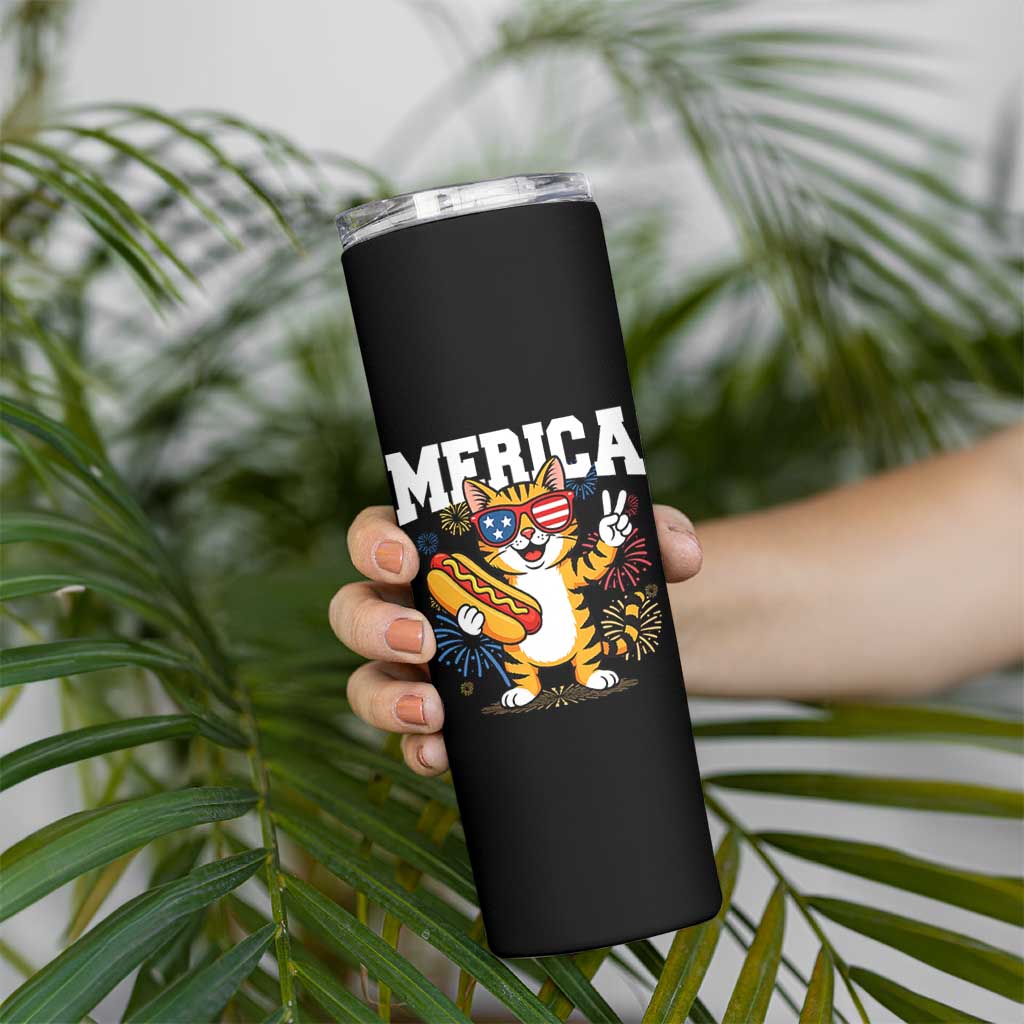 Merica Cat Skinny Tumbler Funny 4th of July Hot Dog and Fireworks Patriotic USA Flag - Wonder Print Shop