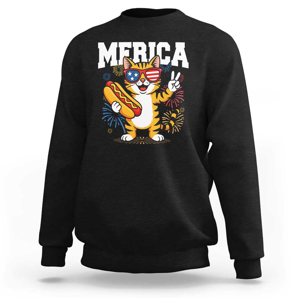 Merica Cat Sweatshirt Funny 4th of July Hot Dog and Fireworks Patriotic USA Flag - Wonder Print Shop