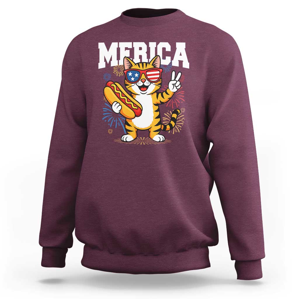 Merica Cat Sweatshirt Funny 4th of July Hot Dog and Fireworks Patriotic USA Flag - Wonder Print Shop