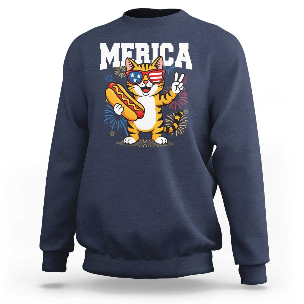Merica Cat Sweatshirt Funny 4th of July Hot Dog and Fireworks Patriotic USA Flag - Wonder Print Shop