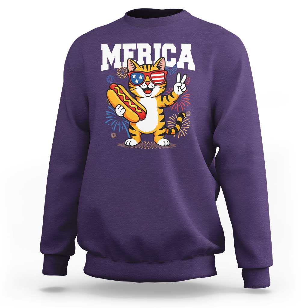 Merica Cat Sweatshirt Funny 4th of July Hot Dog and Fireworks Patriotic USA Flag - Wonder Print Shop
