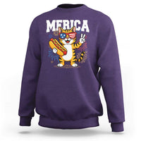 Merica Cat Sweatshirt Funny 4th of July Hot Dog and Fireworks Patriotic USA Flag - Wonder Print Shop