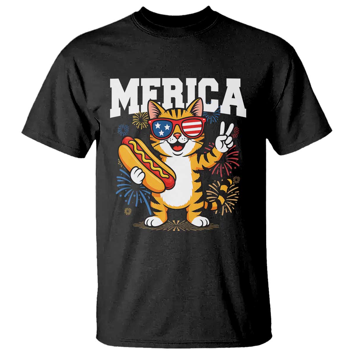 Merica Cat T Shirt Funny 4th of July Hot Dog and Fireworks Patriotic USA Flag - Wonder Print Shop