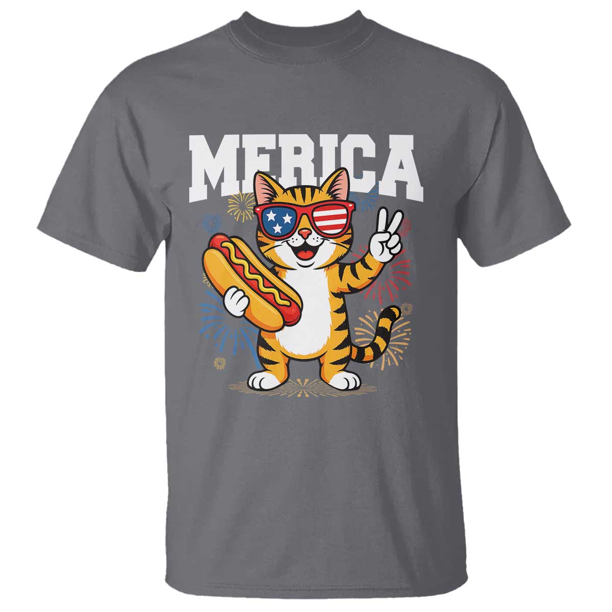 Merica Cat T Shirt Funny 4th of July Hot Dog and Fireworks Patriotic USA Flag - Wonder Print Shop