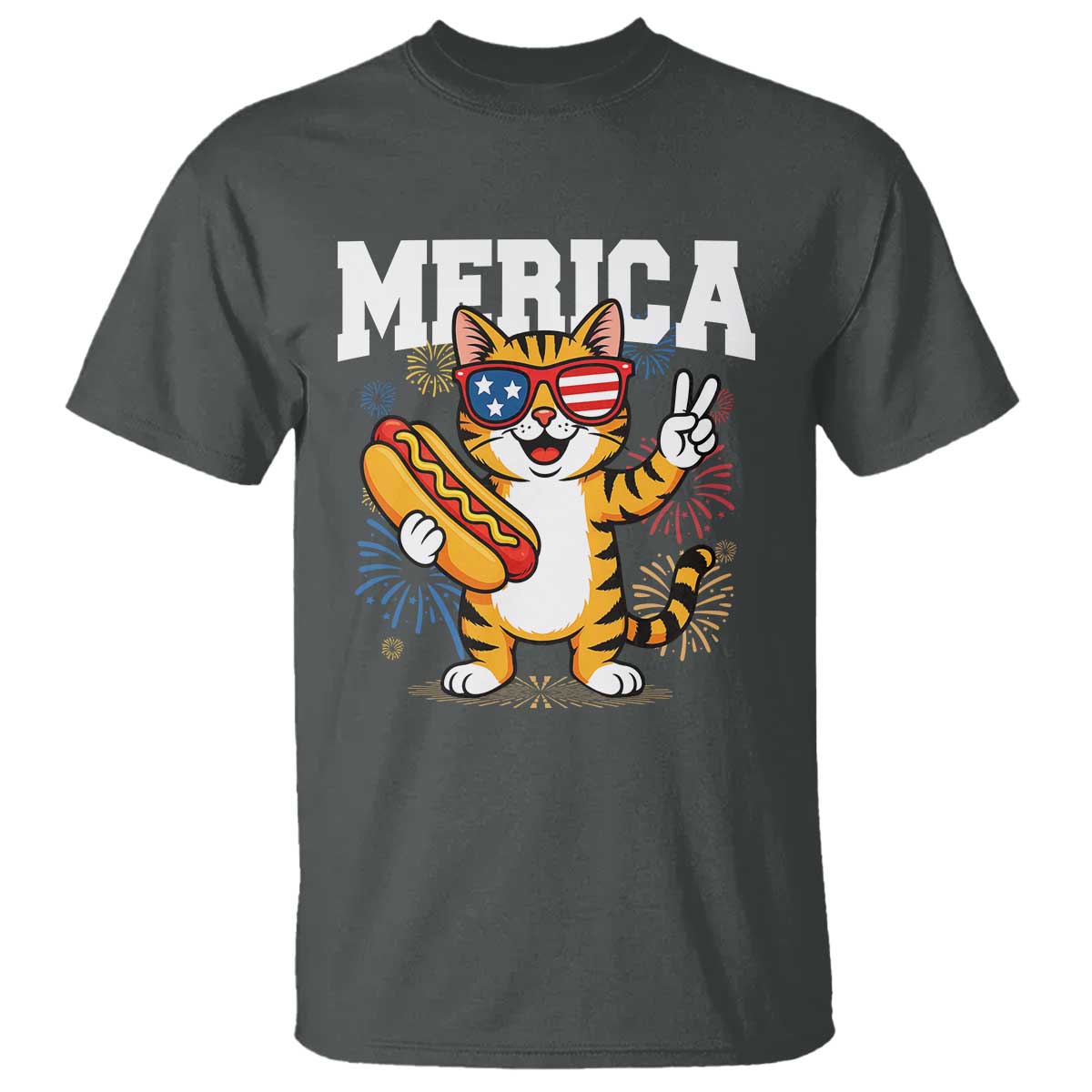Merica Cat T Shirt Funny 4th of July Hot Dog and Fireworks Patriotic USA Flag - Wonder Print Shop