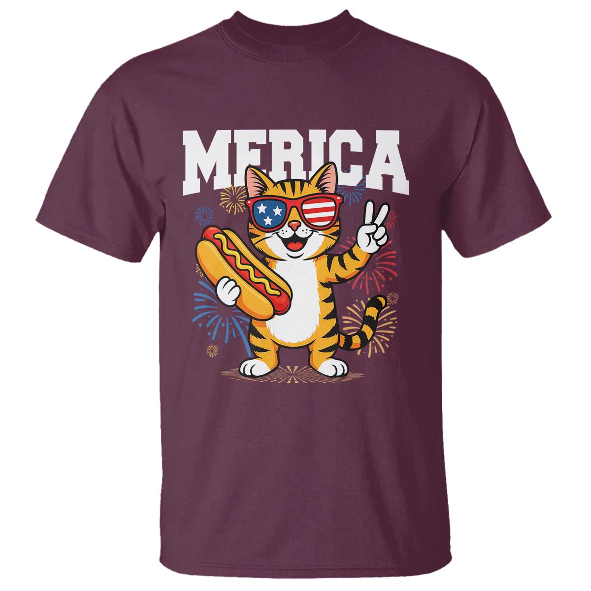 Merica Cat T Shirt Funny 4th of July Hot Dog and Fireworks Patriotic USA Flag - Wonder Print Shop