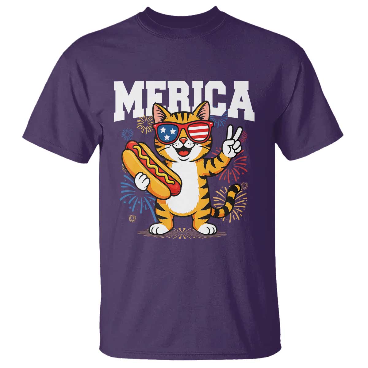 Merica Cat T Shirt Funny 4th of July Hot Dog and Fireworks Patriotic USA Flag - Wonder Print Shop