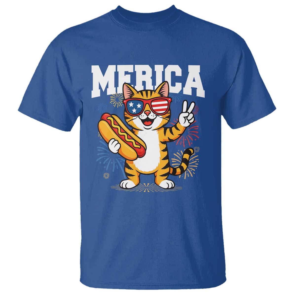 Merica Cat T Shirt Funny 4th of July Hot Dog and Fireworks Patriotic USA Flag - Wonder Print Shop