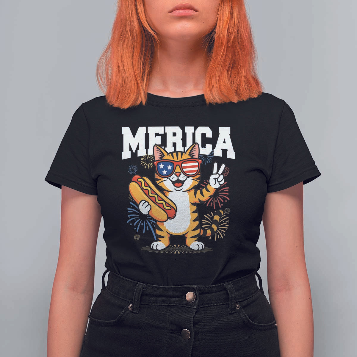 Merica Cat T Shirt For Women Funny 4th of July Hot Dog and Fireworks Patriotic USA Flag - Wonder Print Shop