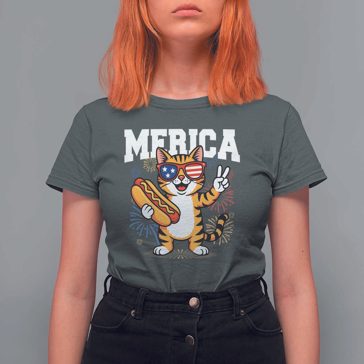 Merica Cat T Shirt For Women Funny 4th of July Hot Dog and Fireworks Patriotic USA Flag - Wonder Print Shop