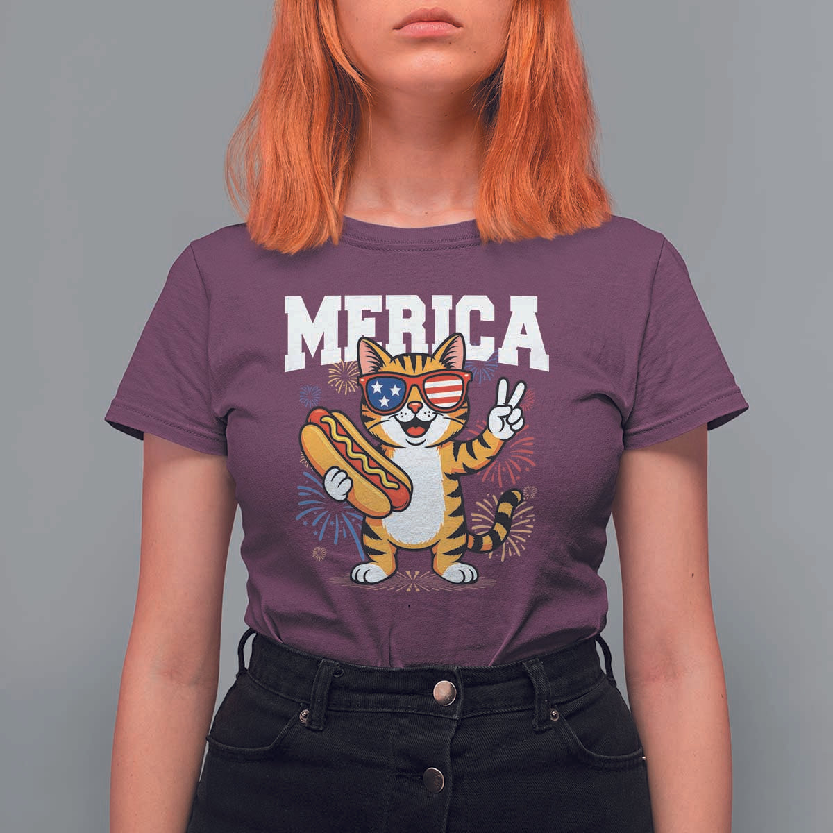 Merica Cat T Shirt For Women Funny 4th of July Hot Dog and Fireworks Patriotic USA Flag - Wonder Print Shop