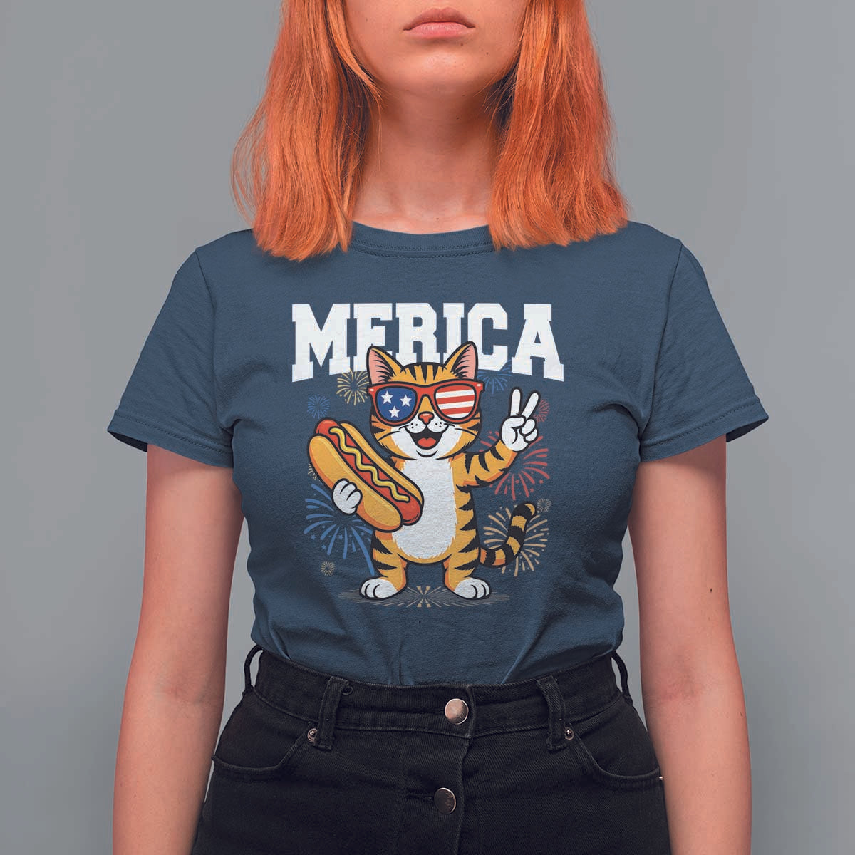 Merica Cat T Shirt For Women Funny 4th of July Hot Dog and Fireworks Patriotic USA Flag - Wonder Print Shop