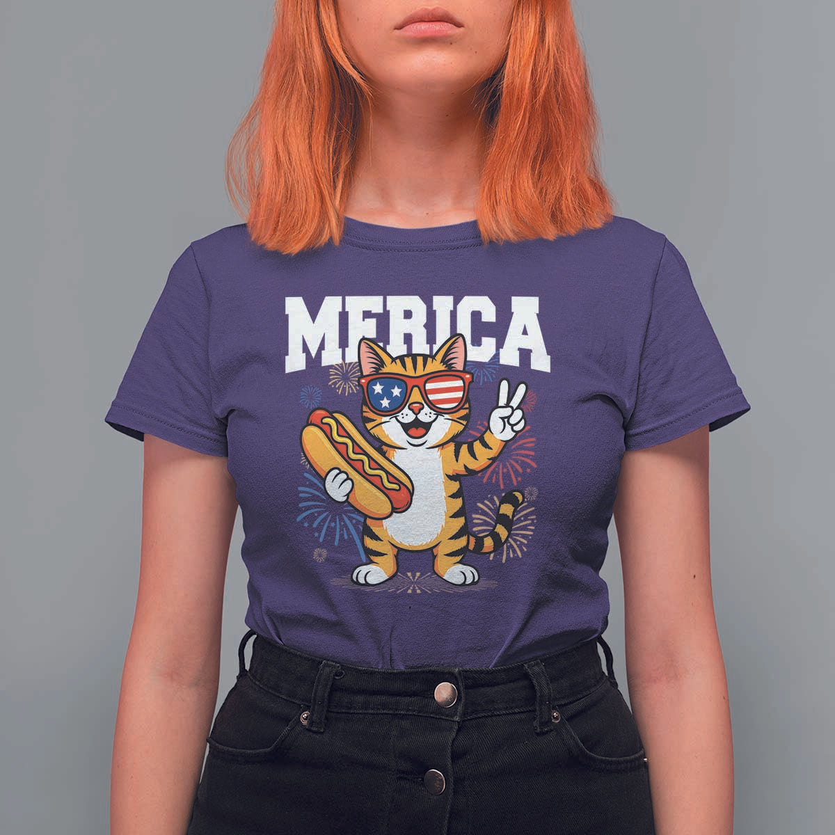 Merica Cat T Shirt For Women Funny 4th of July Hot Dog and Fireworks Patriotic USA Flag - Wonder Print Shop