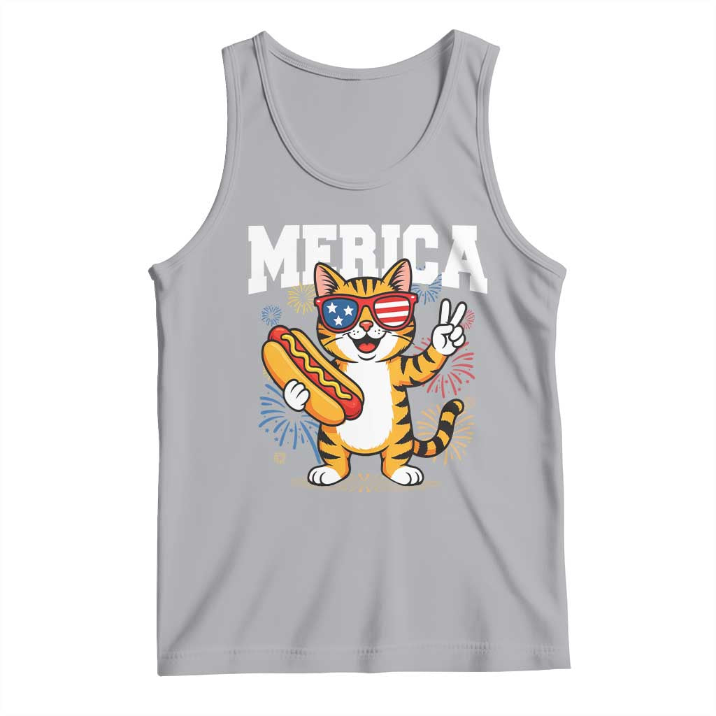 Merica Cat Tank Top Funny 4th of July Hot Dog and Fireworks Patriotic USA Flag - Wonder Print Shop