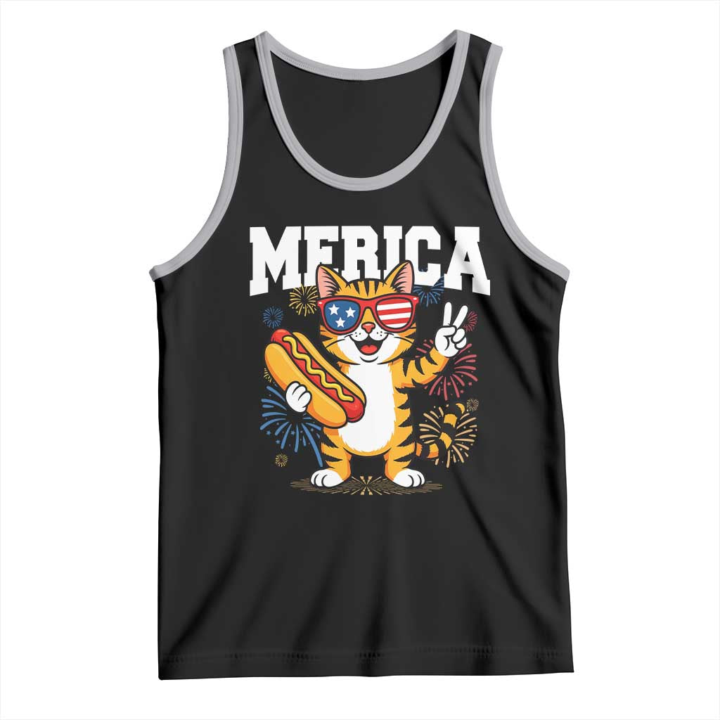 Merica Cat Tank Top Funny 4th of July Hot Dog and Fireworks Patriotic USA Flag - Wonder Print Shop