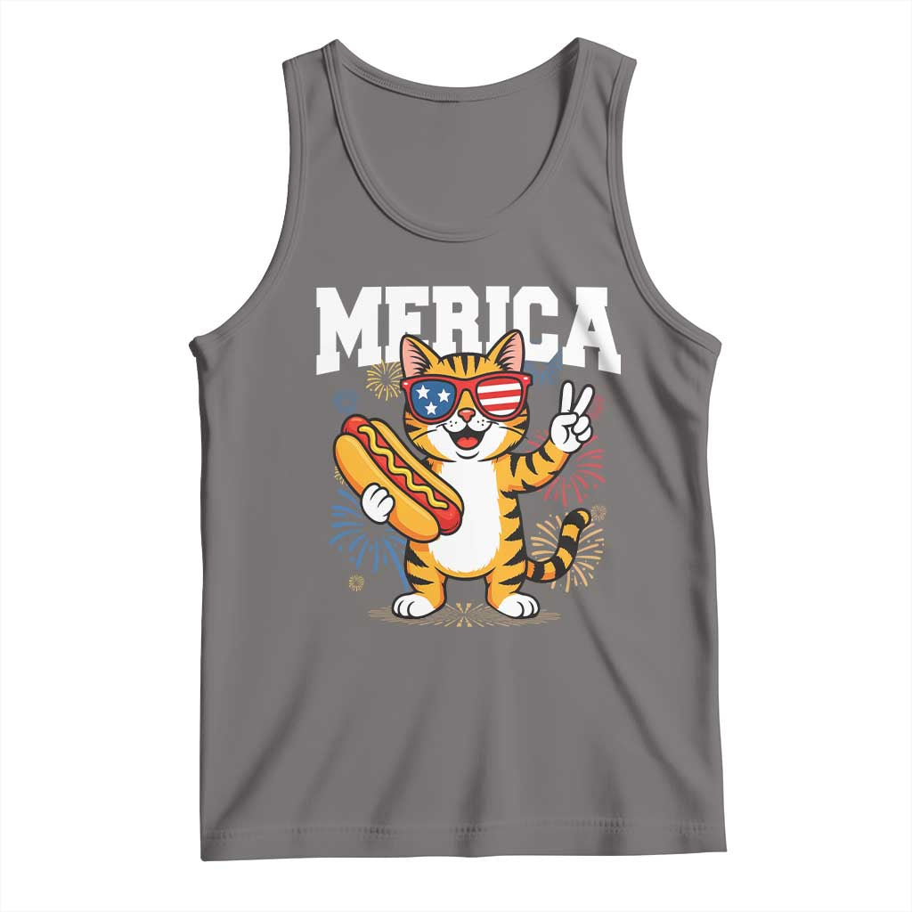 Merica Cat Tank Top Funny 4th of July Hot Dog and Fireworks Patriotic USA Flag - Wonder Print Shop