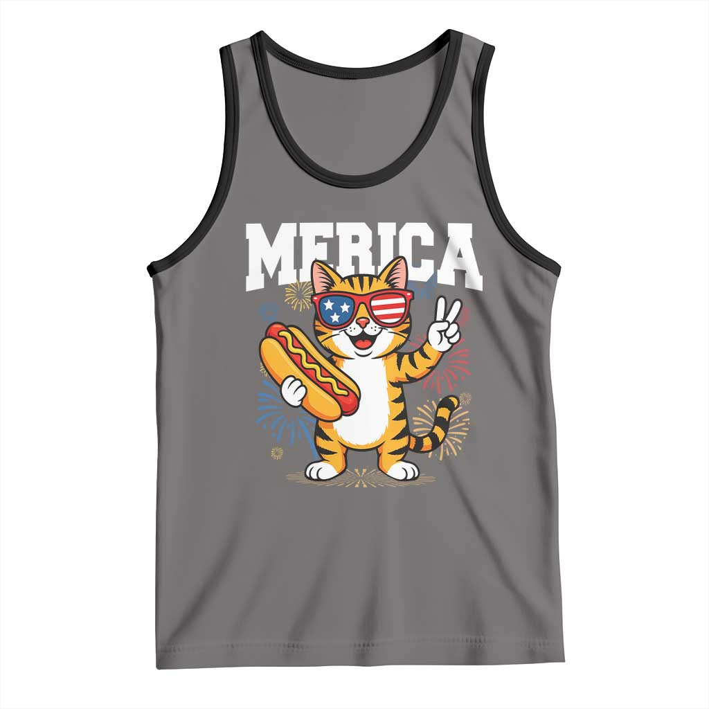 Merica Cat Tank Top Funny 4th of July Hot Dog and Fireworks Patriotic USA Flag - Wonder Print Shop