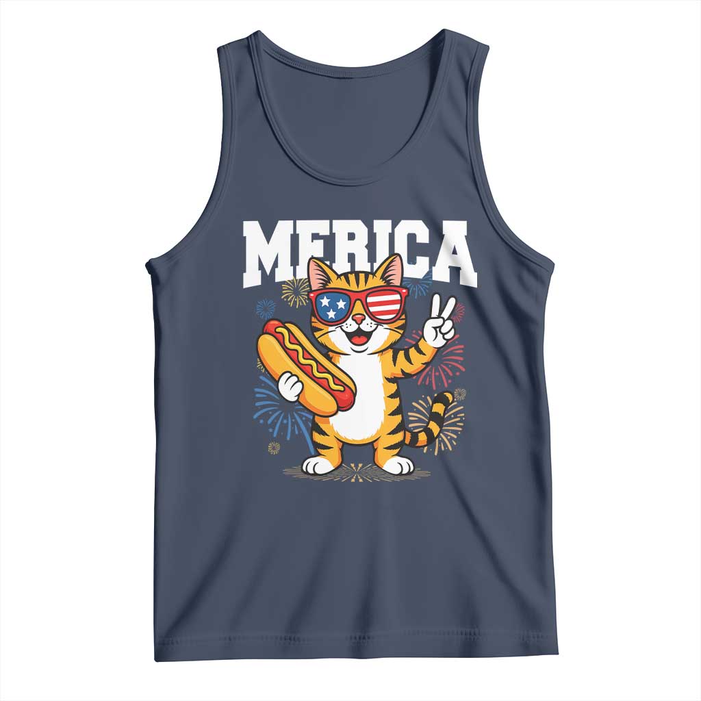 Merica Cat Tank Top Funny 4th of July Hot Dog and Fireworks Patriotic USA Flag - Wonder Print Shop