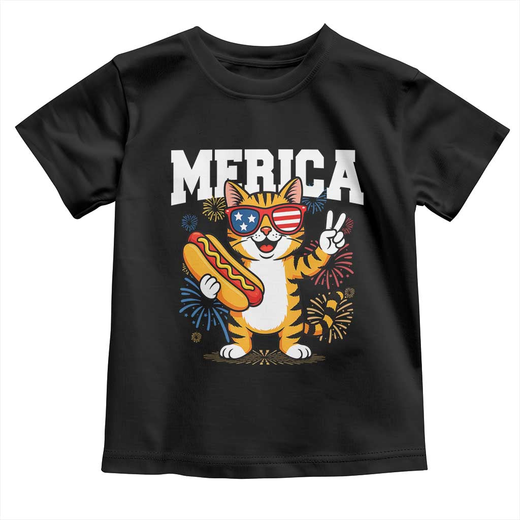 Merica Cat Toddler T Shirt Funny 4th of July Hot Dog and Fireworks Patriotic USA Flag - Wonder Print Shop