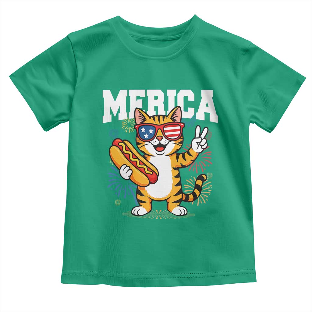 Merica Cat Toddler T Shirt Funny 4th of July Hot Dog and Fireworks Patriotic USA Flag - Wonder Print Shop
