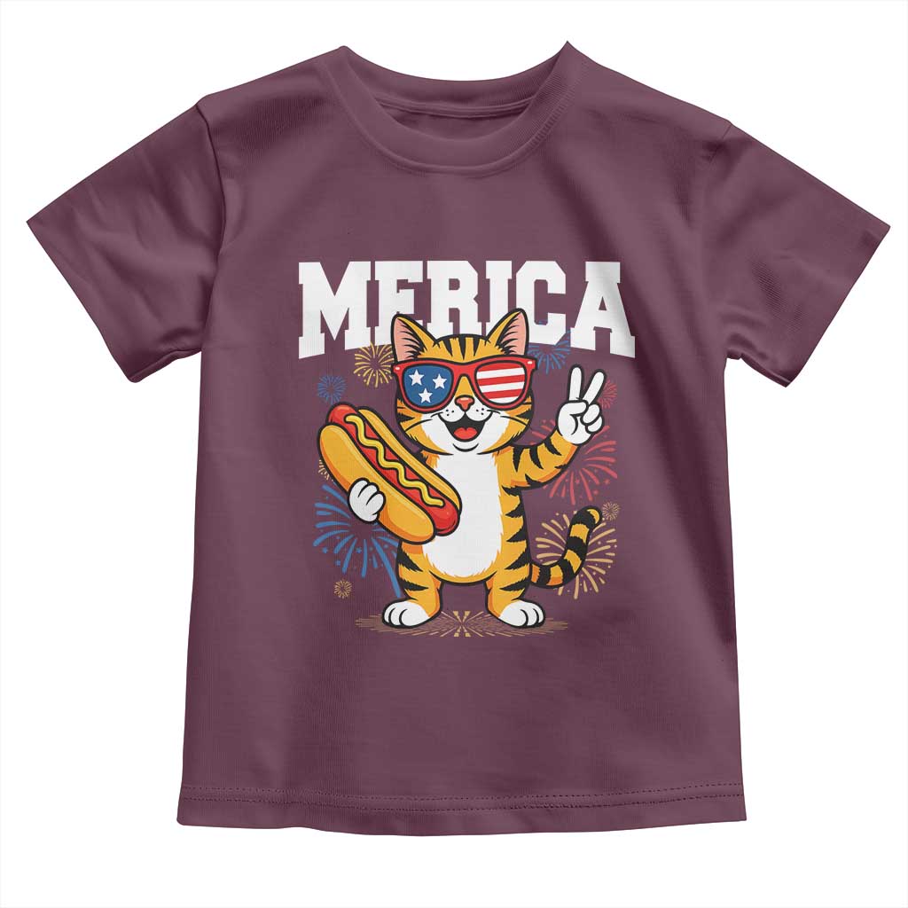 Merica Cat Toddler T Shirt Funny 4th of July Hot Dog and Fireworks Patriotic USA Flag - Wonder Print Shop