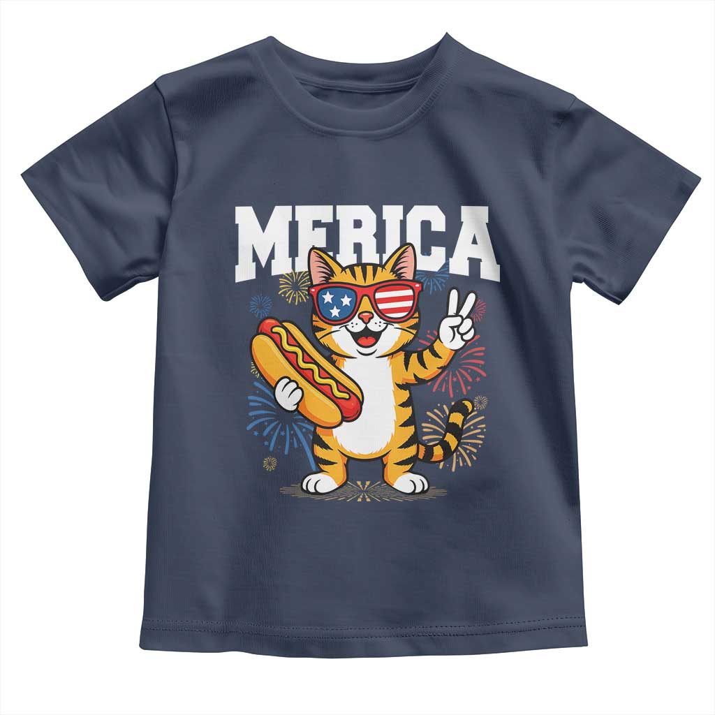 Merica Cat Toddler T Shirt Funny 4th of July Hot Dog and Fireworks Patriotic USA Flag - Wonder Print Shop