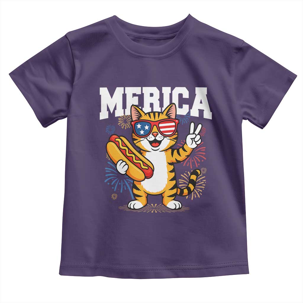 Merica Cat Toddler T Shirt Funny 4th of July Hot Dog and Fireworks Patriotic USA Flag - Wonder Print Shop