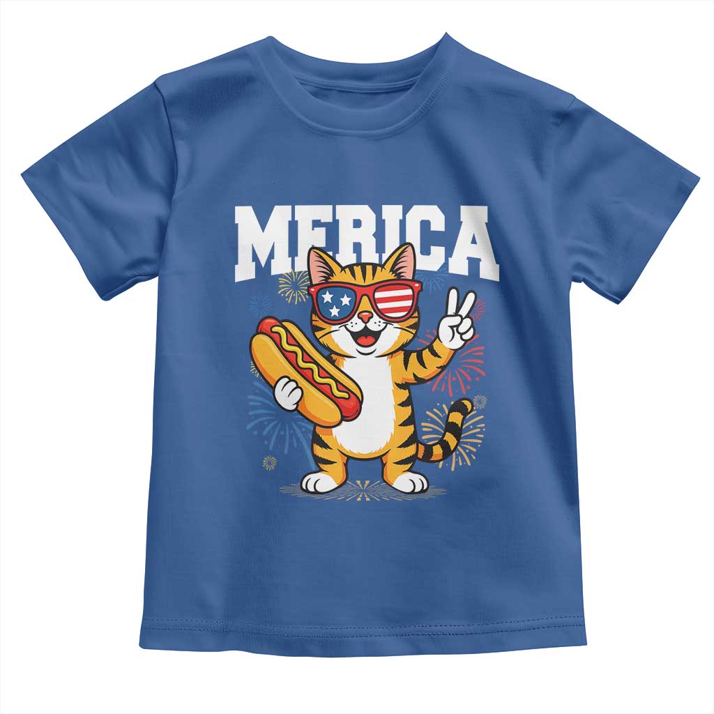 Merica Cat Toddler T Shirt Funny 4th of July Hot Dog and Fireworks Patriotic USA Flag - Wonder Print Shop