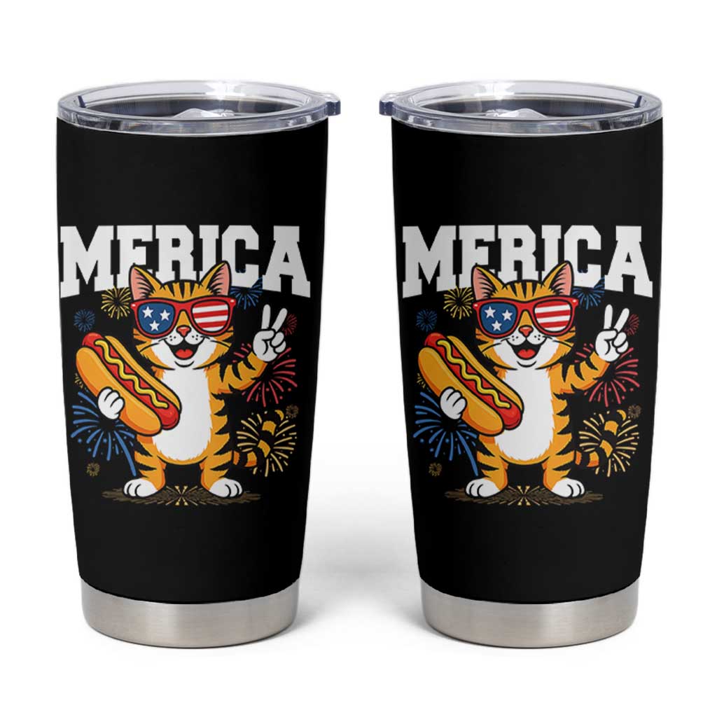 Merica Cat Tumbler Cup Funny 4th of July Hot Dog and Fireworks Patriotic USA Flag - Wonder Print Shop