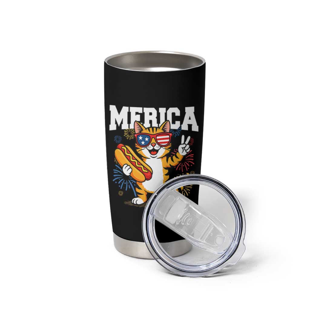 Merica Cat Tumbler Cup Funny 4th of July Hot Dog and Fireworks Patriotic USA Flag - Wonder Print Shop