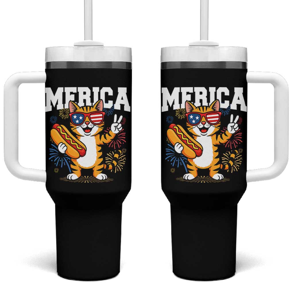 Merica Cat Tumbler With Handle Funny 4th of July Hot Dog and Fireworks Patriotic USA Flag - Wonder Print Shop
