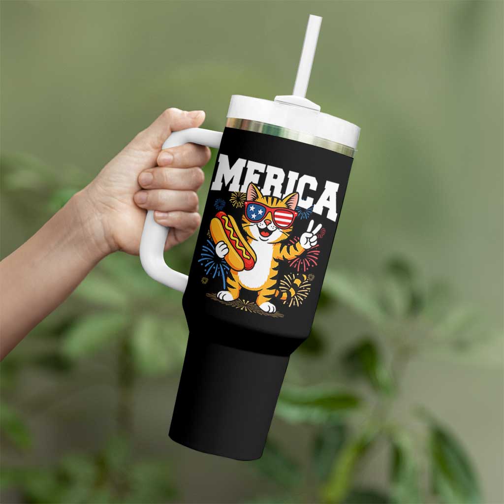 Merica Cat Tumbler With Handle Funny 4th of July Hot Dog and Fireworks Patriotic USA Flag - Wonder Print Shop